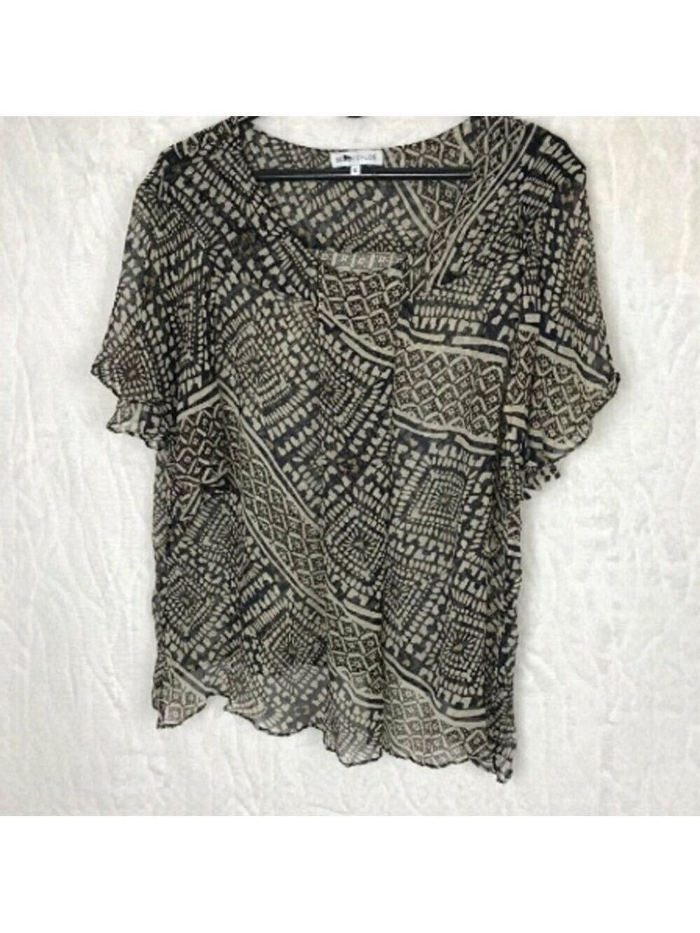 See By Chloe Silk Black and Cream Patterned Sheer Blouse Size 6